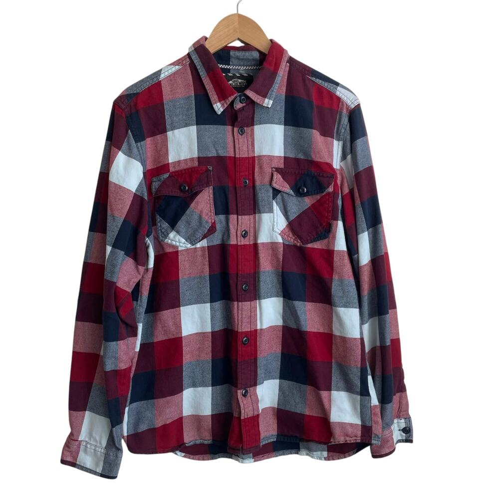 Vans Mens Shirt L Red Plaid Flannel Button Up Rugged Cabincore Travel Casual